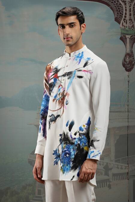 Asuka_White Silk Feathers, Cut Work Handpainted Embellished Kurta Set _Online_at_Aza_Fashions