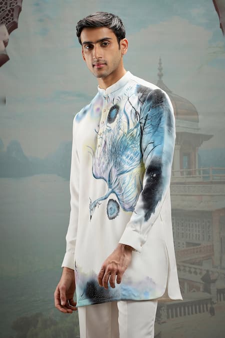 Asuka_White Silk Cut Work, Embroidery Embellished Handpainted Kurta With Pyjama _Online_at_Aza_Fashions
