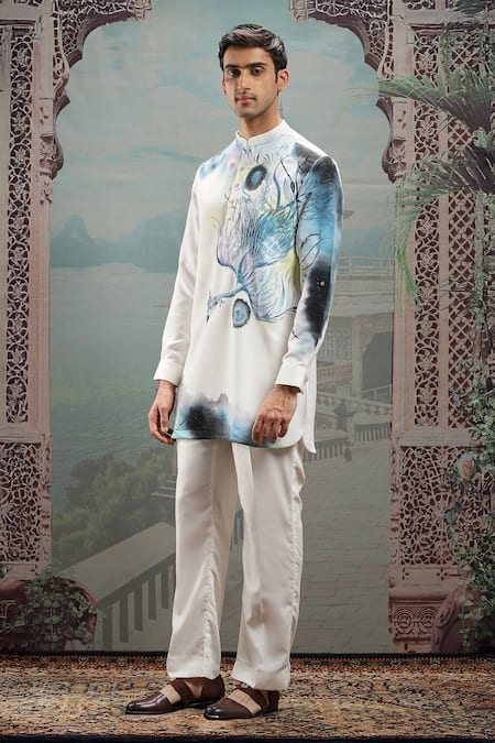 Buy_Asuka_White Silk Cut Work, Embroidery Embellished Handpainted Kurta With Pyjama _Online_at_Aza_Fashions