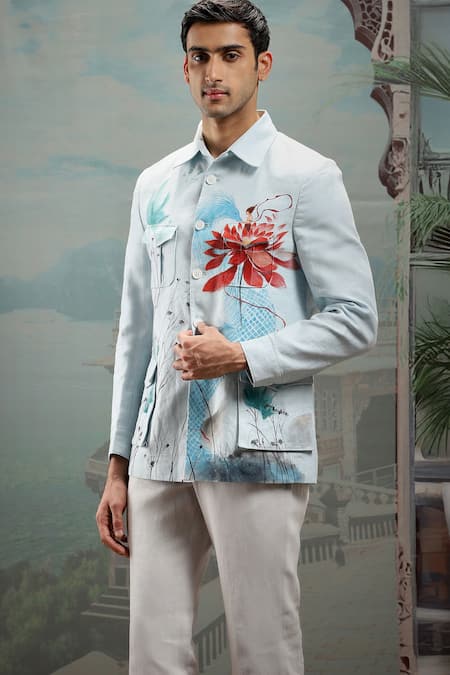 Asuka_Sky Blue Cotton Floral Handpainted Shacket _Online_at_Aza_Fashions