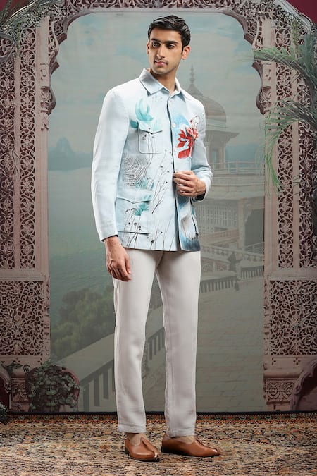 Buy_Asuka_Sky Blue Cotton Floral Handpainted Shacket _Online_at_Aza_Fashions