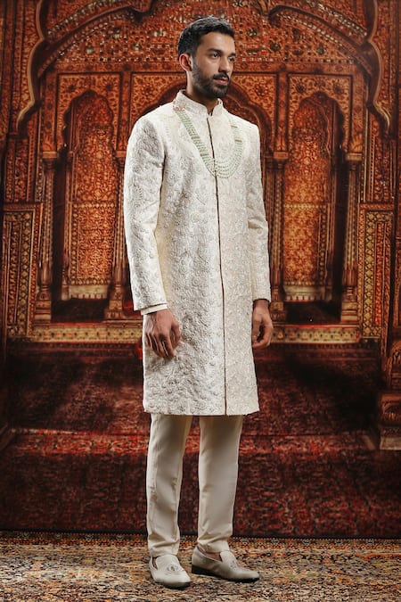 Asuka_Cream Silk, Cotton Pearls, Sequins Floral Vine Embroidered Sherwani Set _Online_at_Aza_Fashions