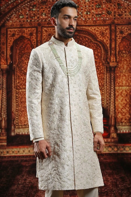 Buy_Asuka_Cream Silk, Cotton Pearls, Sequins Floral Vine Embroidered Sherwani Set _Online_at_Aza_Fashions