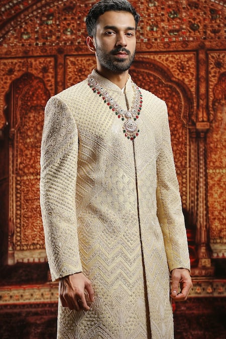 Buy_Asuka_Gold Silk, Cotton Embroidery, Sequins, Pearls Geometric Dori Sherwani Set _Online_at_Aza_Fashions