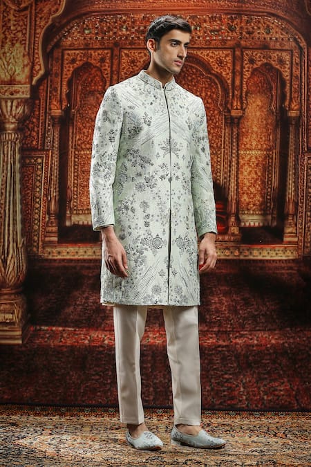 Asuka_Green Silk Cut Work, Embroidery Floral Dabka Sherwani Set _Online_at_Aza_Fashions