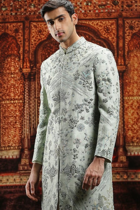 Buy_Asuka_Green Silk Cut Work, Embroidery Floral Dabka Sherwani Set _Online_at_Aza_Fashions