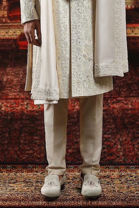 Asuka_Off White Silk Pearls, Sequins Floral Vine Embroidered Sherwani Set _Online_at_Aza_Fashions