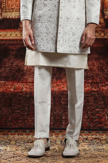 Asuka_Ivory Silk Embroidery, Pearls, Sequins Sherwani Pyjama Set _Online_at_Aza_Fashions