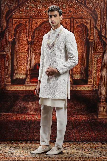 Buy_Asuka_Ivory Silk Embroidery, Pearls, Sequins Sherwani Pyjama Set _Online_at_Aza_Fashions