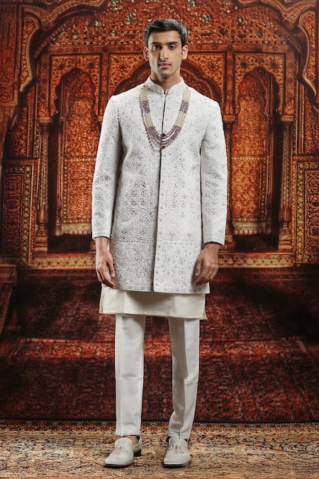 Shop_Asuka_Ivory Silk Embroidery, Pearls, Sequins Sherwani Pyjama Set _Online_at_Aza_Fashions