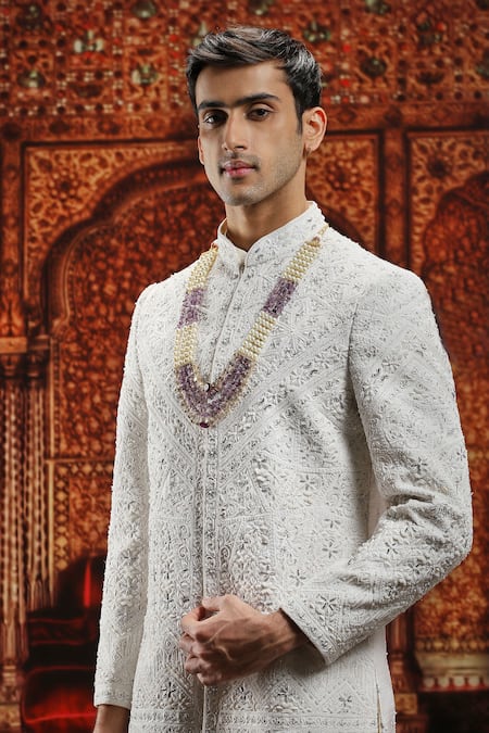 Asuka_Ivory Silk Embroidery, Pearls, Sequins Sherwani Pyjama Set _at_Aza_Fashions