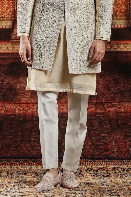 Asuka_Ivory Silk Pearls, Embroidery Sherwani Pyjama Set _Online_at_Aza_Fashions
