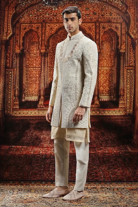 Buy_Asuka_Ivory Silk Pearls, Embroidery Sherwani Pyjama Set _Online_at_Aza_Fashions