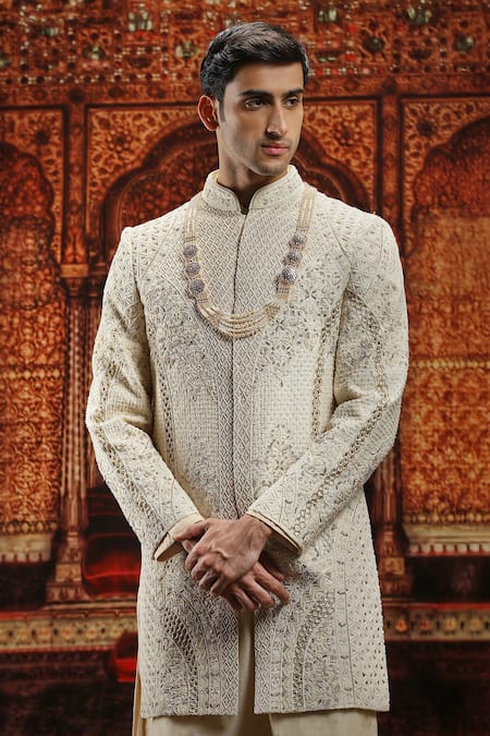 Shop_Asuka_Ivory Silk Pearls, Embroidery Sherwani Pyjama Set _Online_at_Aza_Fashions