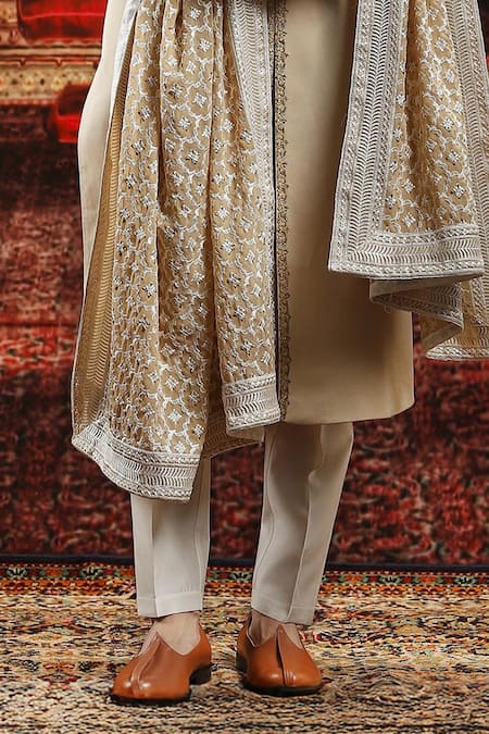 Asuka_Beige Chanderi Silk, Satin Sequins, Embroidery Sherwani Set _Online_at_Aza_Fashions