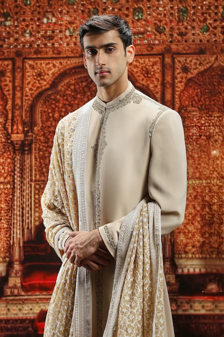 Buy_Asuka_Beige Chanderi Silk, Satin Sequins, Embroidery Sherwani Set _Online_at_Aza_Fashions
