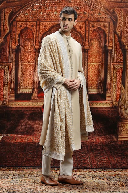 Shop_Asuka_Beige Chanderi Silk, Satin Sequins, Embroidery Sherwani Set _Online_at_Aza_Fashions