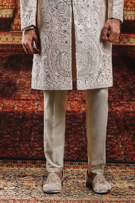 Asuka_Beige Silk Embroidery Raw Sherwani Set _Online_at_Aza_Fashions