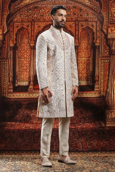 Buy_Asuka_Beige Silk Embroidery Raw Sherwani Set _Online_at_Aza_Fashions