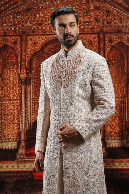 Shop_Asuka_Beige Silk Embroidery Raw Sherwani Set _Online_at_Aza_Fashions