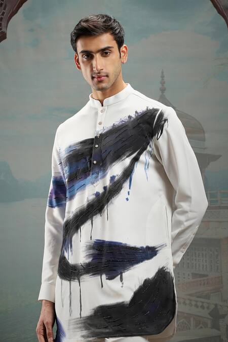 Buy_Asuka_White Silk Cut Work Hand Painted Embroidered Kurta And Pyjama Set _Online_at_Aza_Fashions