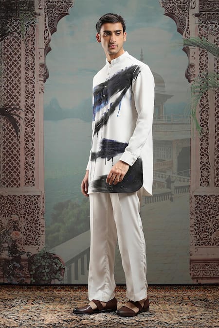 Shop_Asuka_White Silk Cut Work Hand Painted Embroidered Kurta And Pyjama Set _Online_at_Aza_Fashions