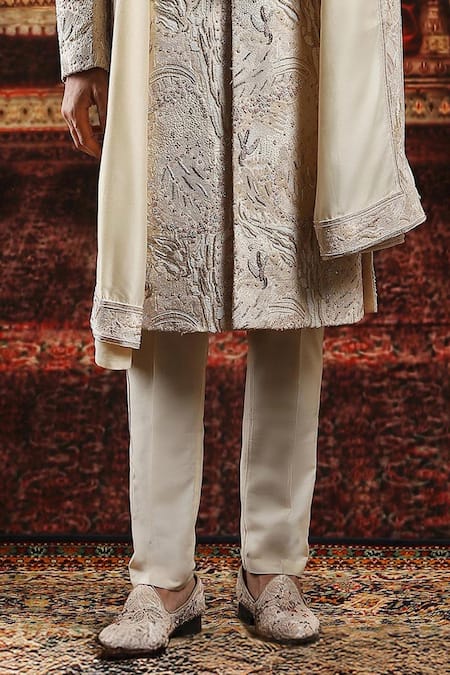 Asuka_Beige Silk Cut Work, Embroidery Sherwani Set _Online_at_Aza_Fashions