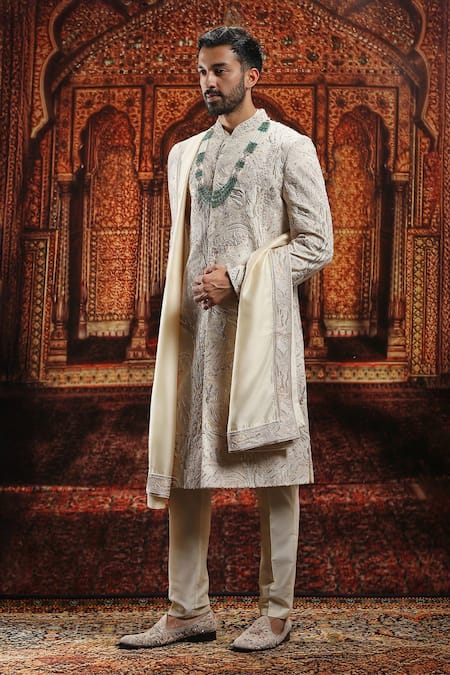 Buy_Asuka_Beige Silk Cut Work, Embroidery Sherwani Set _Online_at_Aza_Fashions