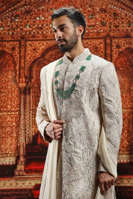 Shop_Asuka_Beige Silk Cut Work, Embroidery Sherwani Set _Online_at_Aza_Fashions