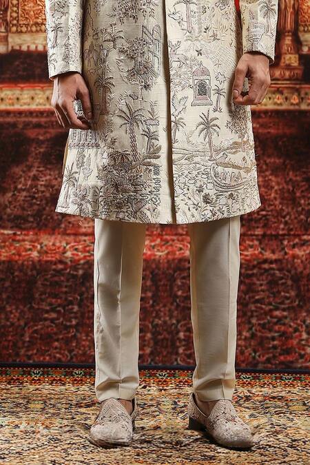 Asuka_Cream Silk Embroidery, Sequins Dabka Sherwani Set _Online_at_Aza_Fashions
