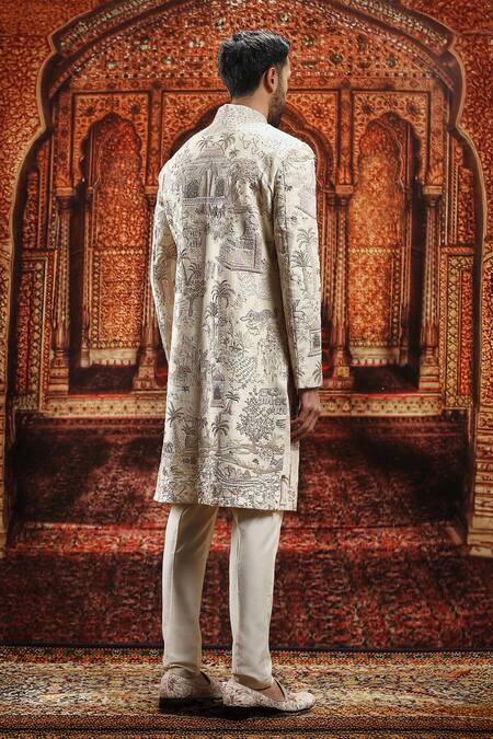 Shop_Asuka_Cream Silk Embroidery, Sequins Dabka Sherwani Set _at_Aza_Fashions