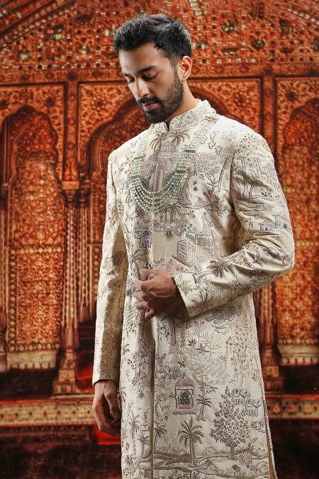 Buy_Asuka_Cream Silk Embroidery, Sequins Dabka Sherwani Set _Online_at_Aza_Fashions