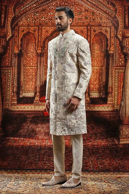 Shop_Asuka_Cream Silk Embroidery, Sequins Dabka Sherwani Set _Online_at_Aza_Fashions