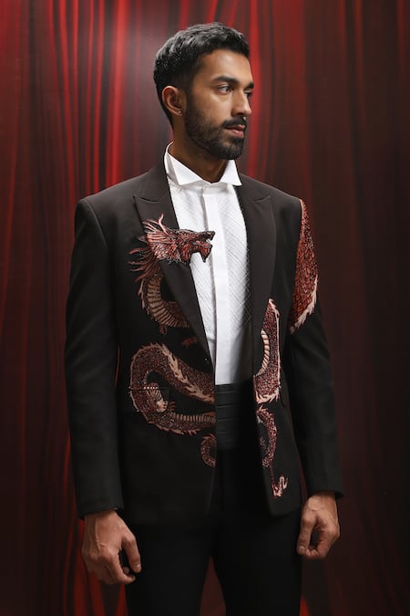 Buy_Asuka_Black Velvet Embroidery Tuxedo And Trouser Set _Online_at_Aza_Fashions