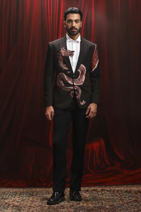 Shop_Asuka_Black Velvet Embroidery Tuxedo And Trouser Set _Online_at_Aza_Fashions