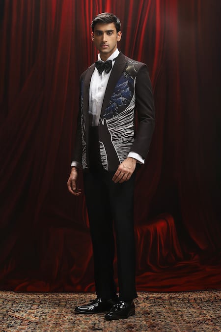 Shop Asuka Black Jacquard Cut Work, Embroidery Tuxedo And Trouser Set Online at Aza Fashions Shop_Asuka_Black Jacquard Cut Work, Embroidery Tuxedo And Trouser Set _Online_at_Aza_Fashions