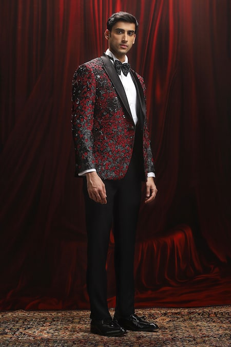 Buy_Asuka_Black Jacquard Embroidery, Patchwork Cutwork Tuxedo Set _Online_at_Aza_Fashions