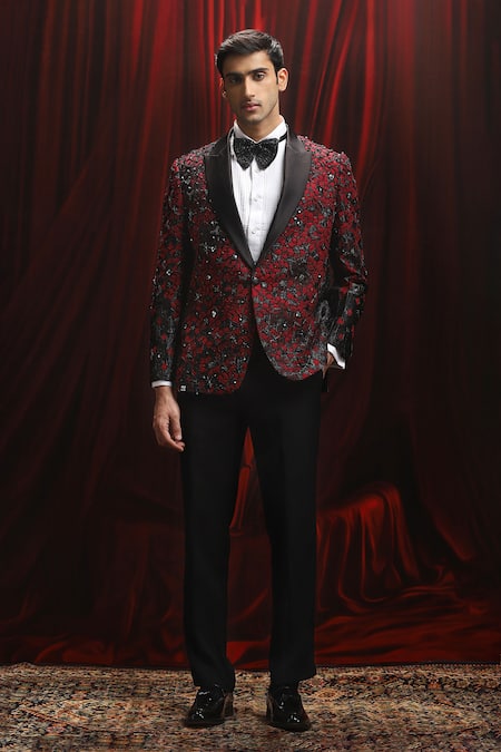 Shop_Asuka_Black Jacquard Embroidery, Patchwork Cutwork Tuxedo Set _Online_at_Aza_Fashions