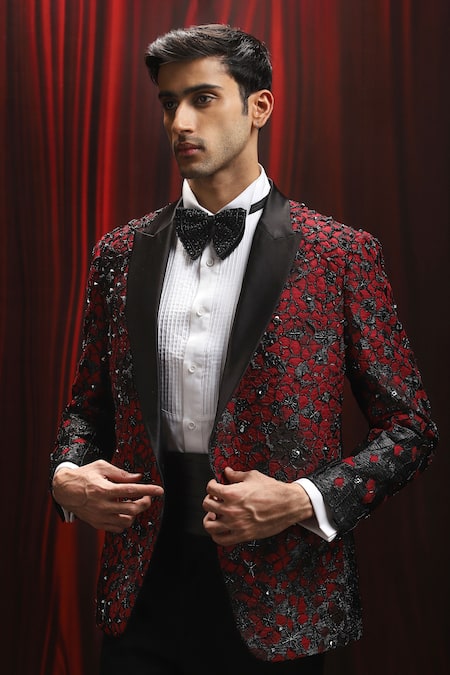 Asuka_Black Jacquard Embroidery, Patchwork Cutwork Tuxedo Set _at_Aza_Fashions