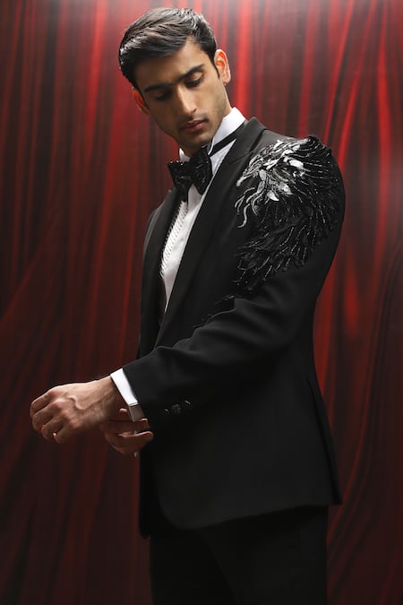 Asuka_Black Wool Embroidery, Cut Work Eagle Motif Cutdana Tuxedo Set _Online_at_Aza_Fashions