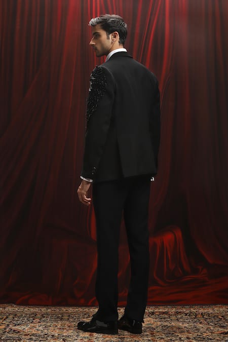 Shop_Asuka_Black Wool Embroidery, Cut Work Eagle Motif Cutdana Tuxedo Set _at_Aza_Fashions