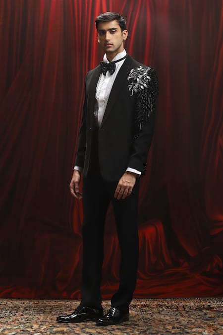 Buy_Asuka_Black Wool Embroidery, Cut Work Eagle Motif Cutdana Tuxedo Set _Online_at_Aza_Fashions