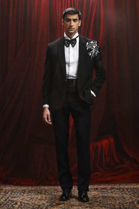 Shop_Asuka_Black Wool Embroidery, Cut Work Eagle Motif Cutdana Tuxedo Set _Online_at_Aza_Fashions