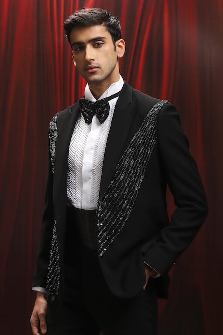 Asuka Black Velvet Embroidery Embellished Tuxedo And Trouser Set Online at Aza Fashions Asuka_Black Velvet Embroidery Embellished Tuxedo And Trouser Set _Online_at_Aza_Fashions