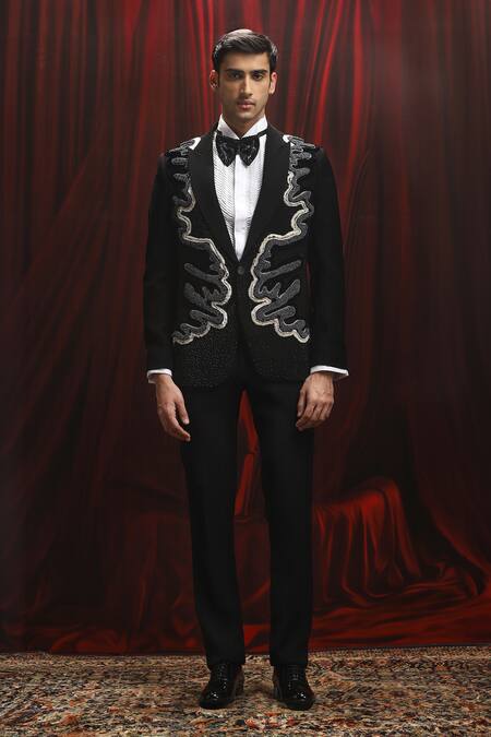 Shop Asuka Black Velvet Embroidery Hotfix Dori Tuxedo Set Online at Aza Fashions Shop_Asuka_Black Velvet Embroidery Hotfix Dori Tuxedo Set _Online_at_Aza_Fashions