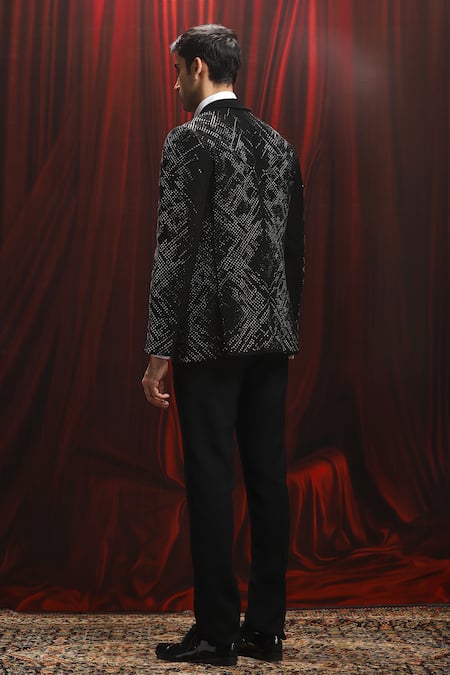 Shop_Asuka_Black Jacquard Sequins Embellished Tuxedo Set _at_Aza_Fashions