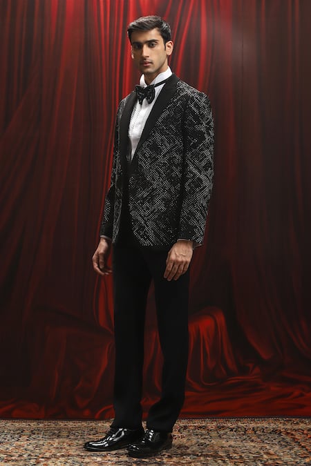 Asuka_Black Jacquard Sequins Embellished Tuxedo Set _Online_at_Aza_Fashions