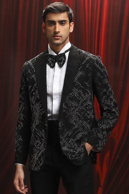 Buy_Asuka_Black Jacquard Sequins Embellished Tuxedo Set _Online_at_Aza_Fashions
