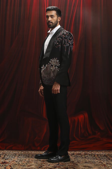 Asuka Black Velvet Embroidery Kantha Tuxedo Set Online at Aza Fashions Asuka_Black Velvet Embroidery Kantha Tuxedo Set _Online_at_Aza_Fashions