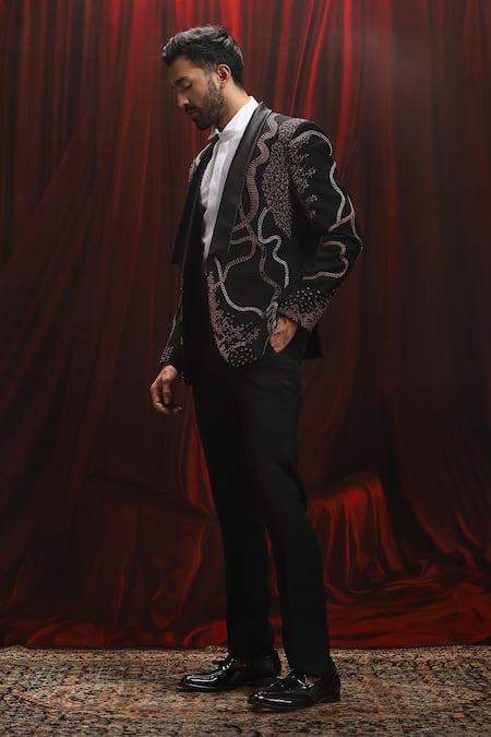 Asuka_Black Velvet Embroidery Kantha Tuxedo And Trouser Set _Online_at_Aza_Fashions